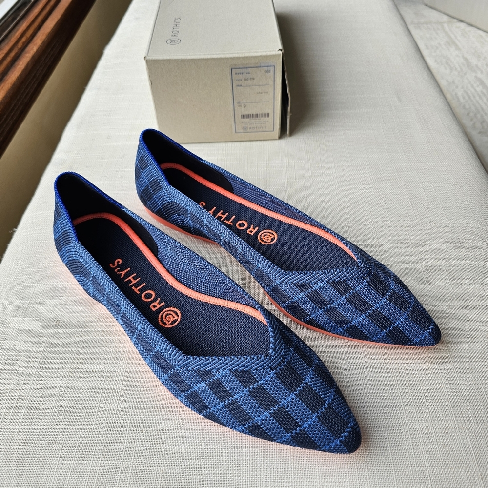 New! Rothy's Sz 9 Indigo Blue Gingham Plaid Points Flats Womens Shoes Rothys